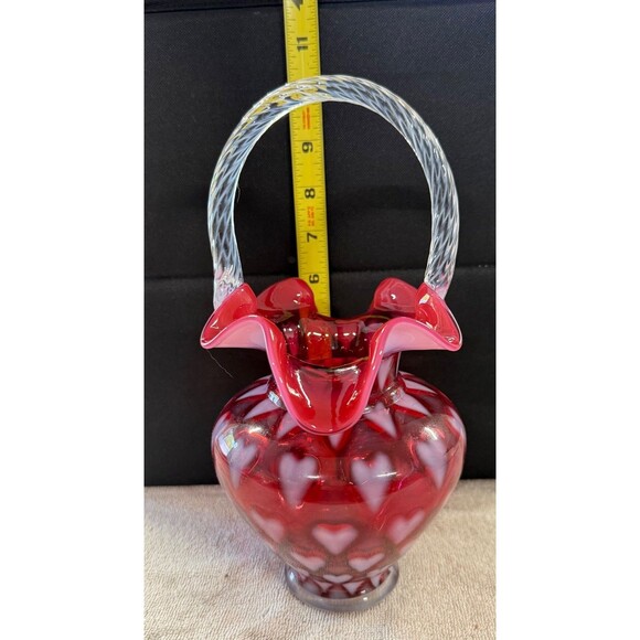 Fenton Cranberry Opalescent Heart Optic Basket - Picture 5 of 7